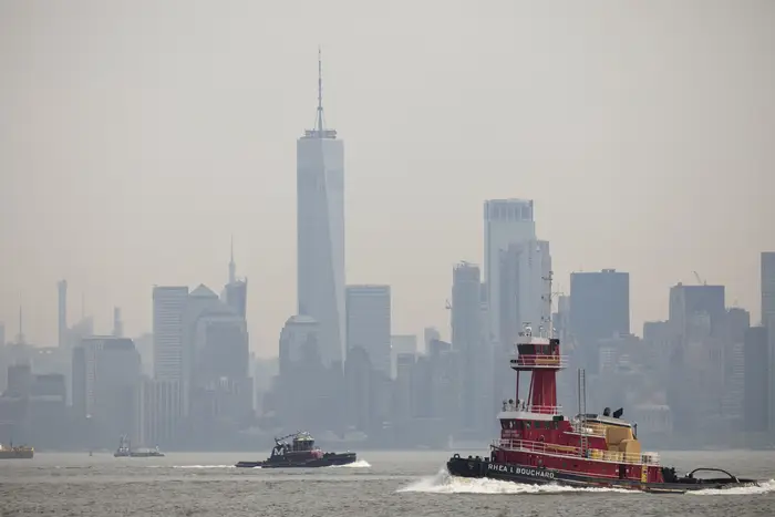 Haze covers lower Manhattan skyline seen from Staten Island on May 17, 2019 in New York City.